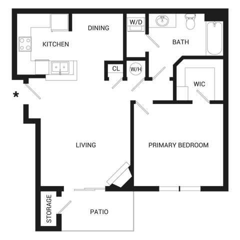 Floor plan for 1 bed, 1 bath, 788 sqft